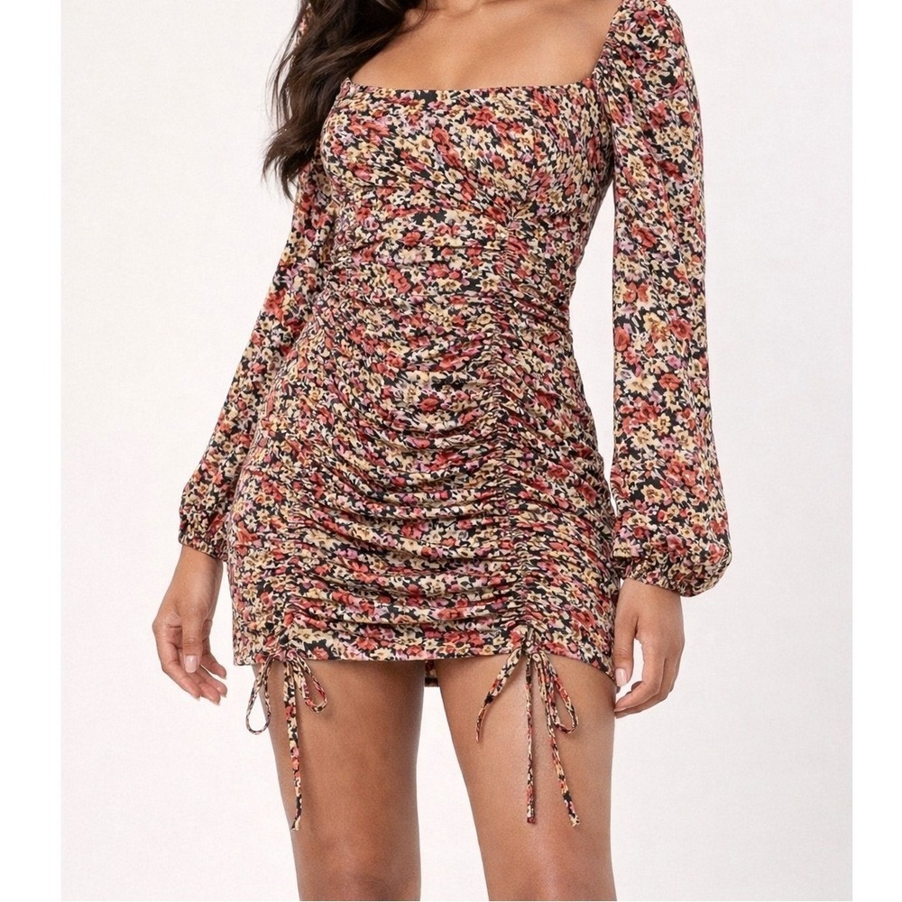 PrettyLittleThing‎ Floral Ruched Mini Dress Long Sleeve Cottagecore Boho Size 10